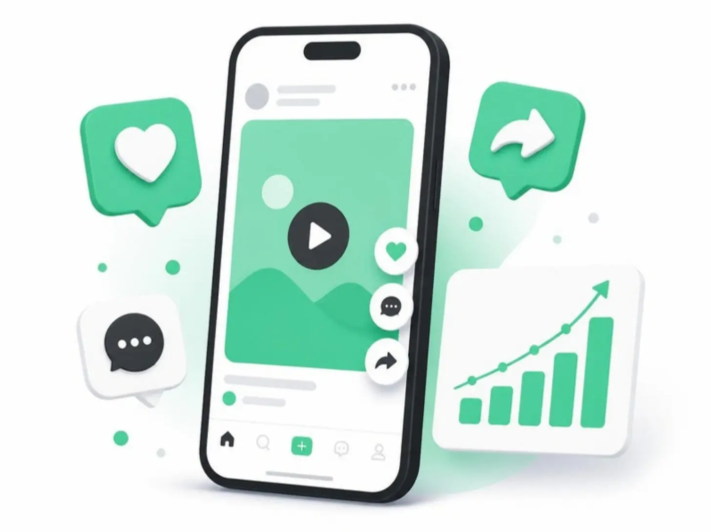 A phone with a video post, likes, comments, and a growth chart