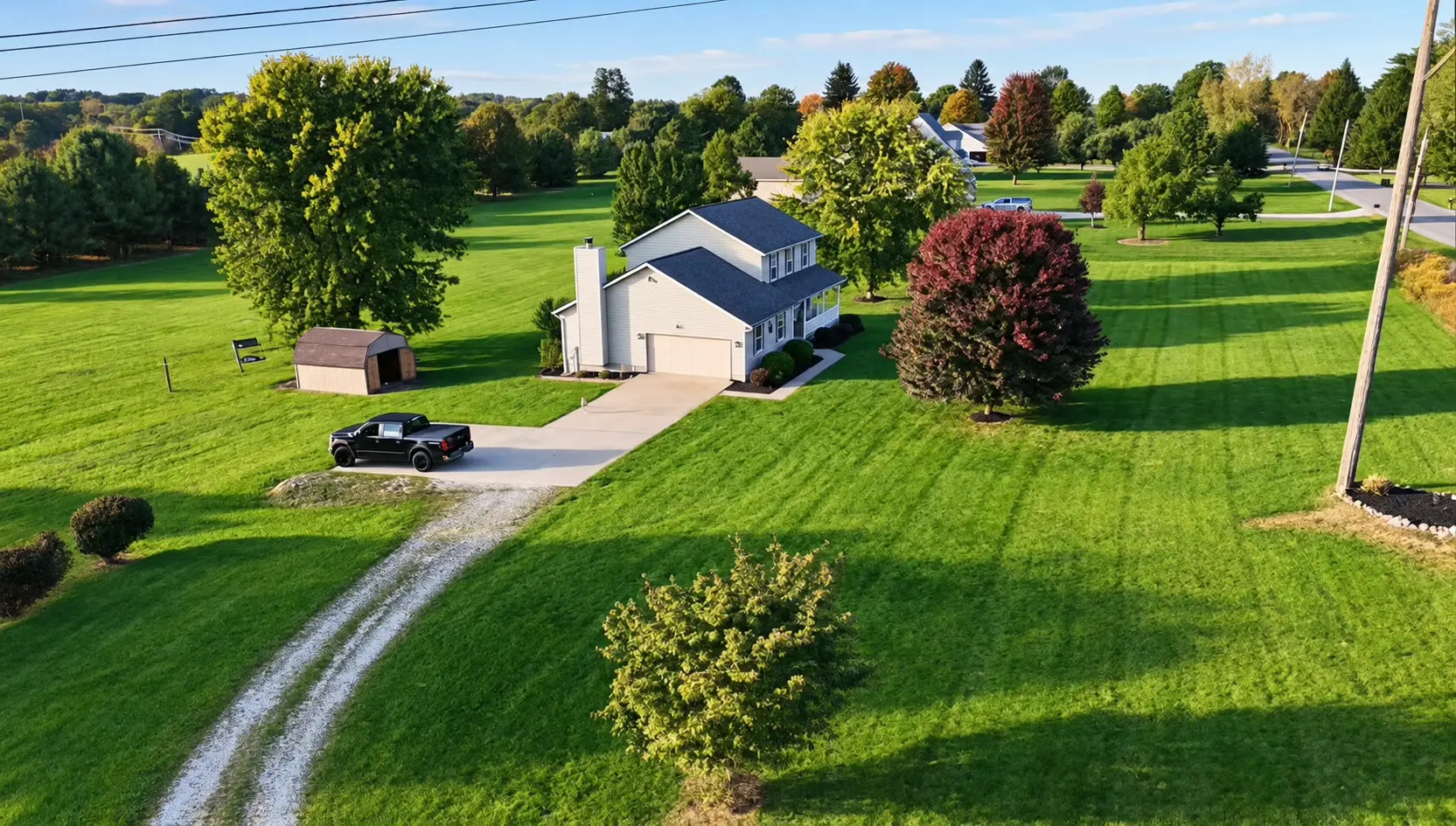 Drone real estate photo of a two-story home and its property