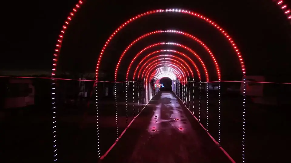 Drone Photography & Aerial Imaging 3 Drone videography of red and white holiday light arches
