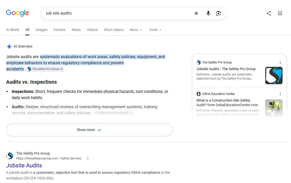 SEO Services in Northeast Ohio 3 Google search for job site audits showing The Safety Pro Group ranked number one